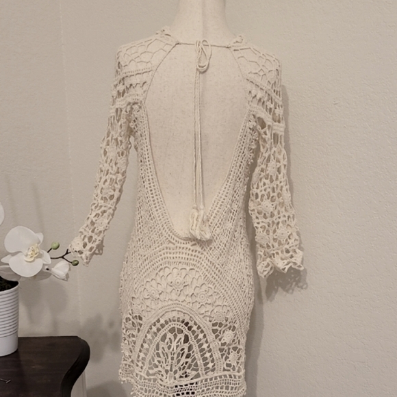 Cream 3/4 Sleeve Cropped Swim Coverup - Picture 2 of 2